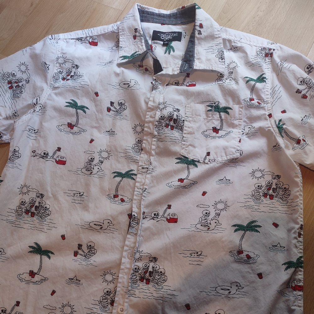 Eighty Eight White Graphic Print Men's Shirt Skeletons Pum Trees